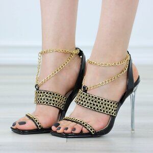 lack Patent Heels Gold Chain Open Toe Clear Stiletto Sandals